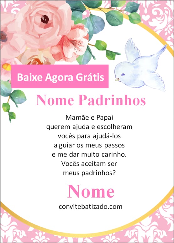 convite para padrinhos de batizado floral