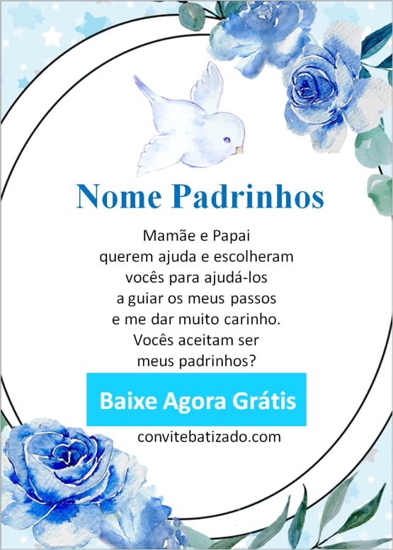 convite padrinhos batizado delicado azul